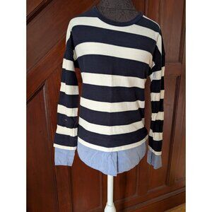 J.Crew XS Black & White Striped Long Sleeve Shirt With Layered Blue Hem